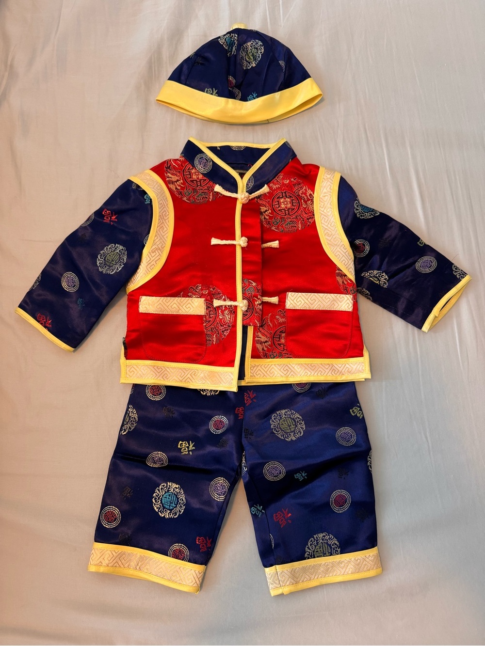 Traditional Chinese Red and Navy Baby Boy Set with Hat